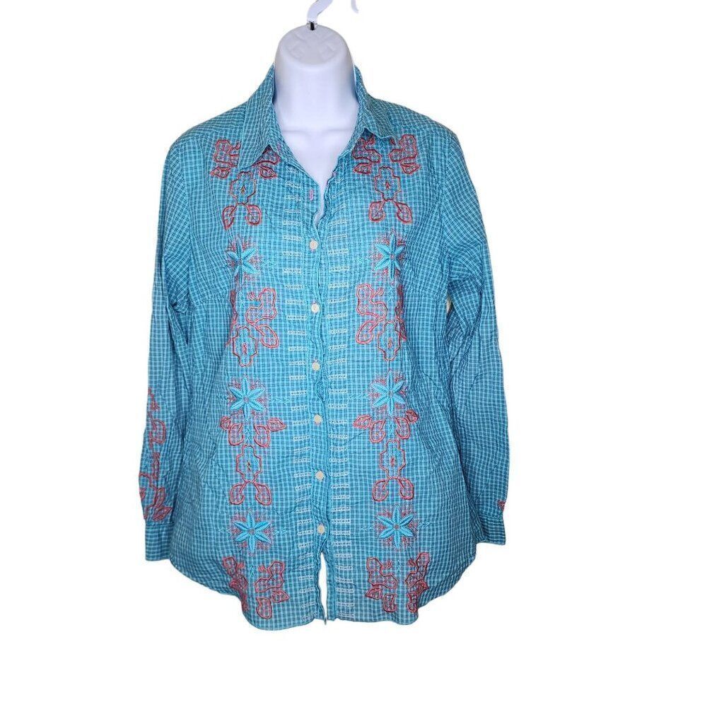 Johnny Was 3J Workshop Plaid Button Down Embroidered Shirt Womens Size S Blue